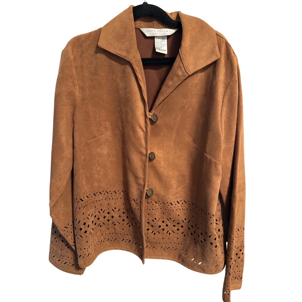 Napa Valley Petite Faux Suede LaserCut Jacket Camel Brown Size PP Western cowboy